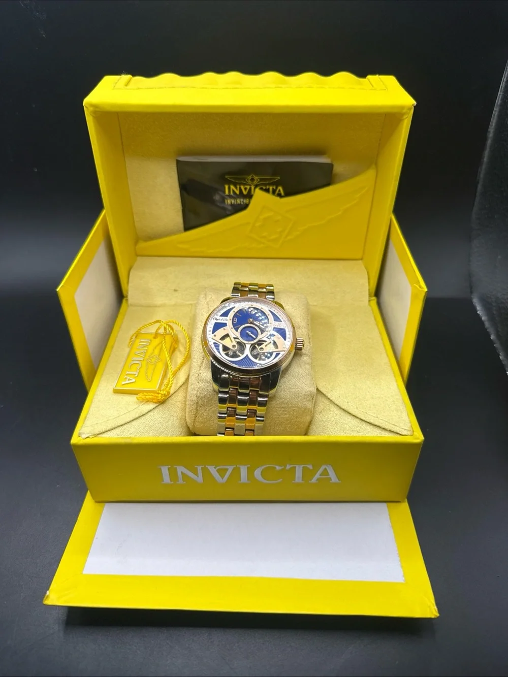 Invicta Two-Tone Bracelet Watch with Blue Skeleton Dial